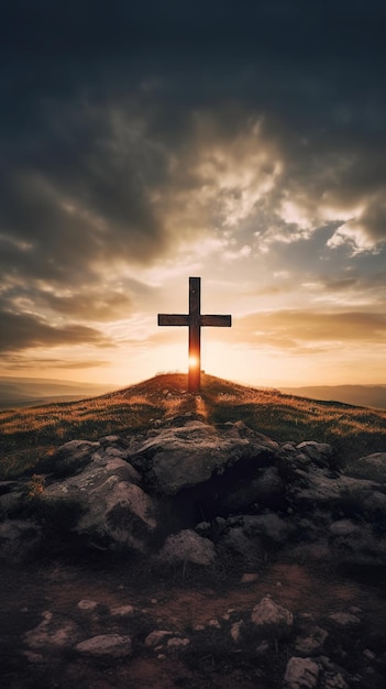 Une croix assise au sommet d'une image ai générative de colline rocheuse