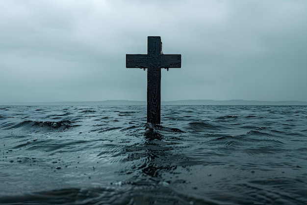 Une croix au milieu de l'océan avec un ciel nuageux en arrière-plan et de l'eau autour d'elle