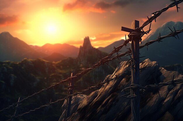 Croix au sommet de la montagne au coucher du soleil rendu 3d