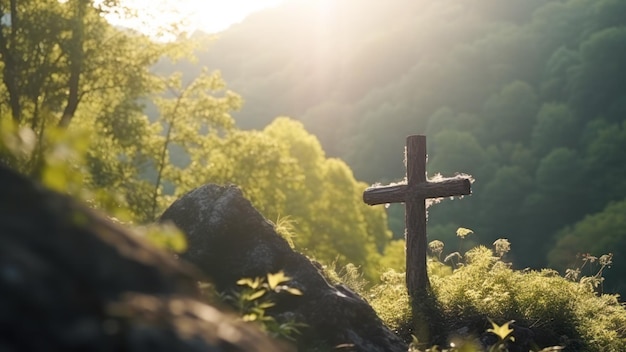 Croix au sommet d'une montagne en journée ensoleillée ai générative