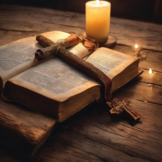 Croix avec bible et bougie sur une vieille table en bois de chêne