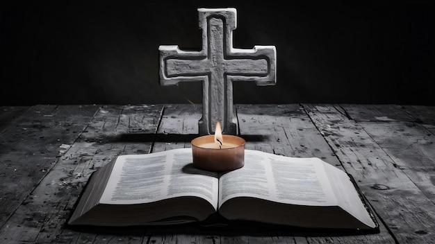 Croix avec bible et bougie sur une vieille table en bois de chêne