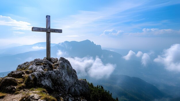 Croix de bois au sommet de la montagne