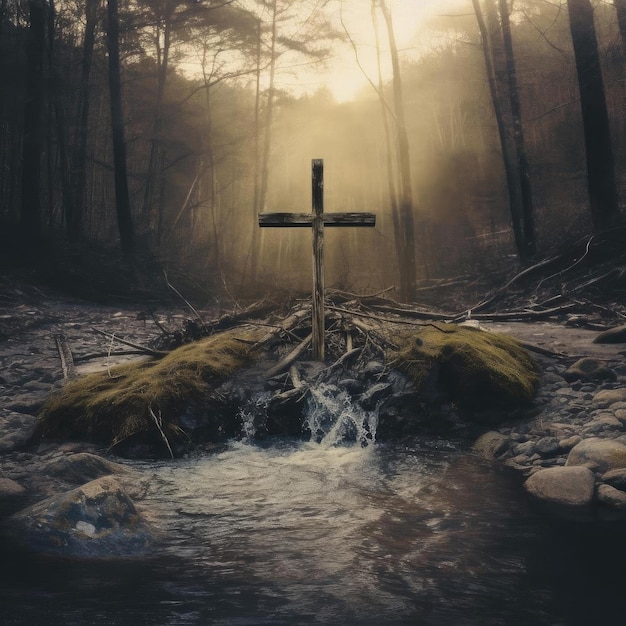 Croix de bois dans la forêt