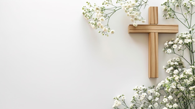 une croix en bois avec des fleurs sur un mur blanc