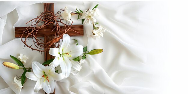 Croix en bois avec lys blancs sur tissu délicat