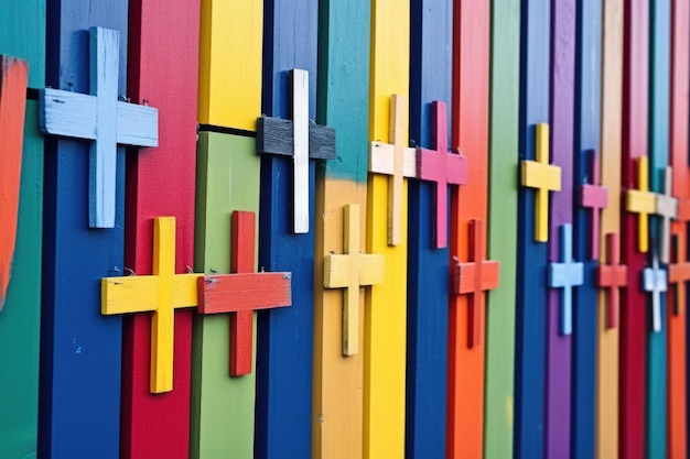 Croix en bois peintes en couleurs sur un mur