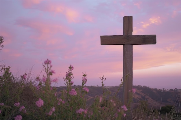 Une croix de bois sereine au milieu d'un ciel pastel doux Ventura Californie