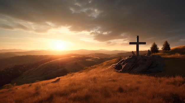 Croix catholique chrétienne sur les collines Generative AI