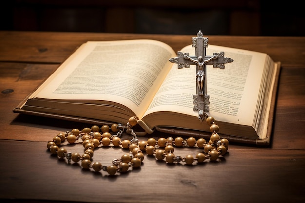 Croix catholique du chapelet sur la sainte Bible sur une table en bois