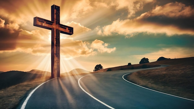 Photo croix chrétienne au bout de la route d'asphalte
