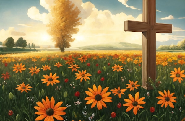 Croix chrétienne au milieu du champ de fleurs Vendredi saint Dimanche des Rameaux Concept Ai généré