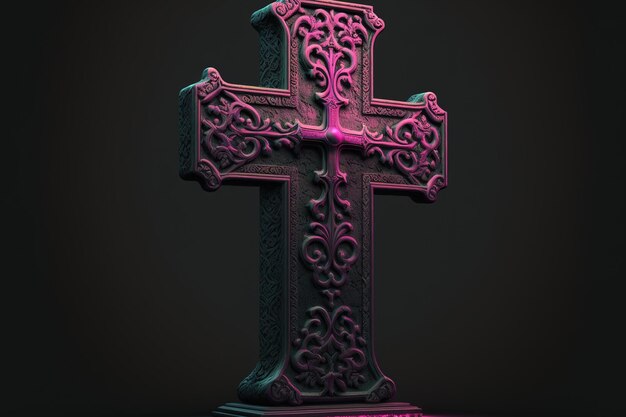 Croix chrétienne avec croix rose sur fond noir texturé