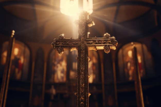 Croix chrétienne dans l'église sur fond propre et bokeh