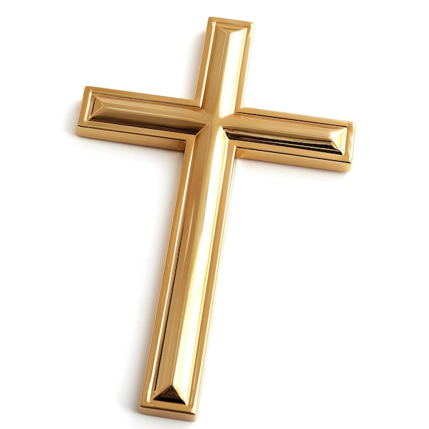 Croix chrétienne dorée isolée sur fond blanc