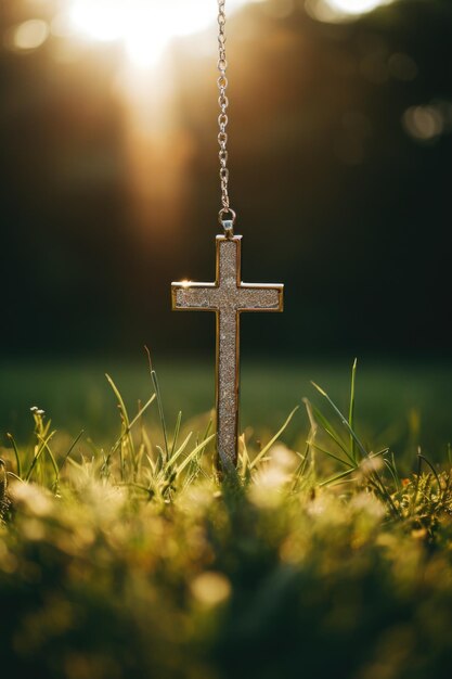 Photo croix chrétienne sur un fond de pelouse ensoleillée et d'herbe