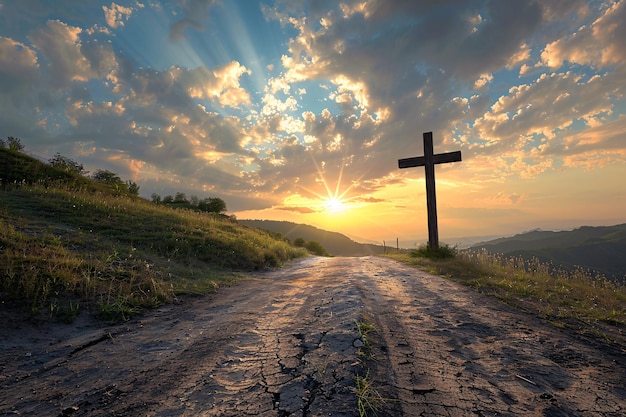 Croix chrétienne sur la route de la montagne sur le fond du ciel au coucher du soleil