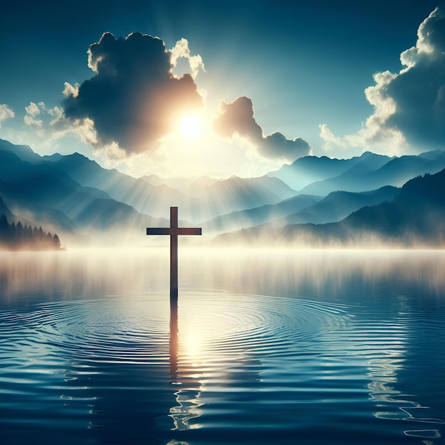 Photo croix chrétienne submergée dans un lac bleu tranquille sous un ciel bleu avec un nuage blanc