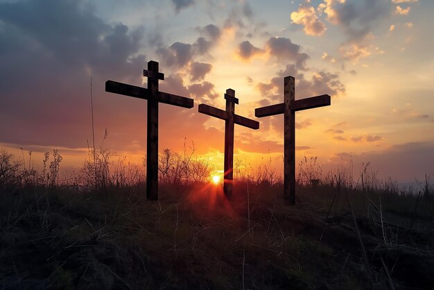 Croix chrétiennes contre le coucher du soleil