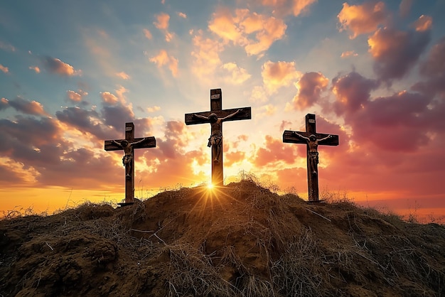 Croix chrétiennes contre le coucher du soleil