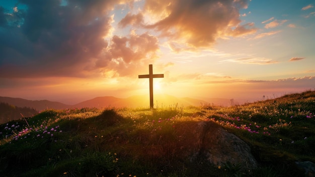 Croix sur la colline avec fond de coucher de soleil, scène symbolique de sérénité spirituelle et de beauté naturelle