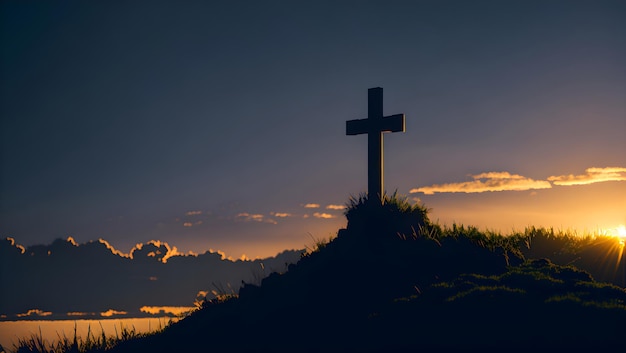 Une croix sur une colline avec le soleil couchant derrière elle