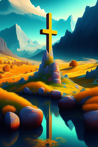 Une croix dans un champ avec un ciel bleu et le soleil qui brille dessus.