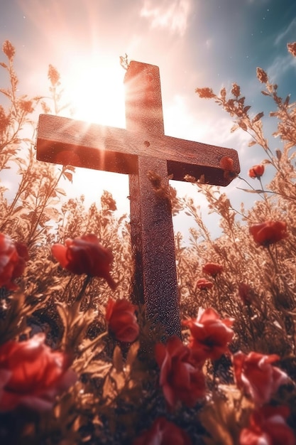 Une croix dans un champ de fleurs avec le soleil qui brille dessus.