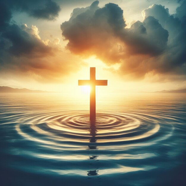 une croix dans l'eau avec le soleil derrière elle