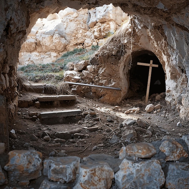 une croix dans une grotte avec une épée au milieu