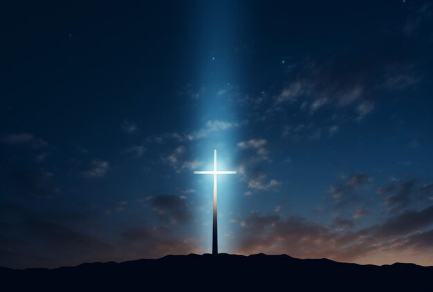 Une croix debout sur un ciel sombre avec une lumière dessus