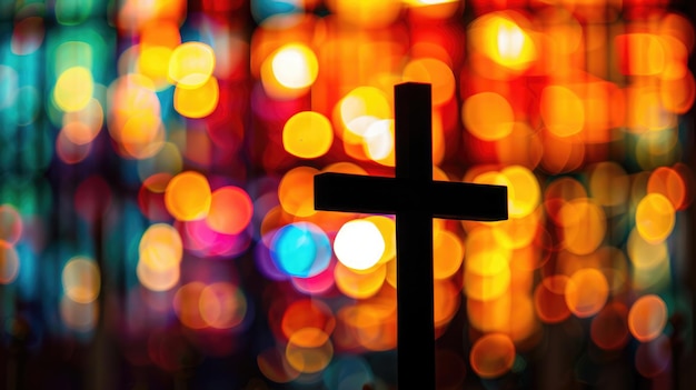 Photo croix décentralisée dans l'église une prière sereine et un concept religieux par une fenêtre colorée