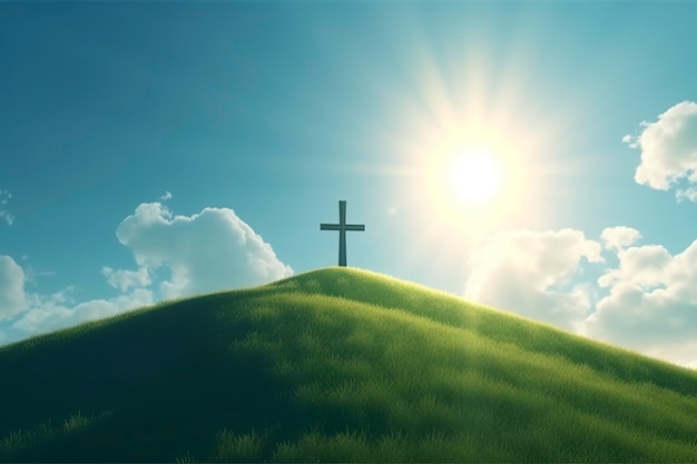 La croix de Dieu avec une feuille verte dans les rayons du soleil et du ciel bleu Croix sur la colline avec des arbres verts et une vue naturelle graeen Concept religieux AI Générative