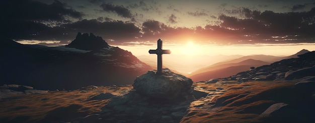 La croix du christ au sommet de la montagne avec un beau coucher de soleil en arrière-plan Pâques Panoramic Generative AI