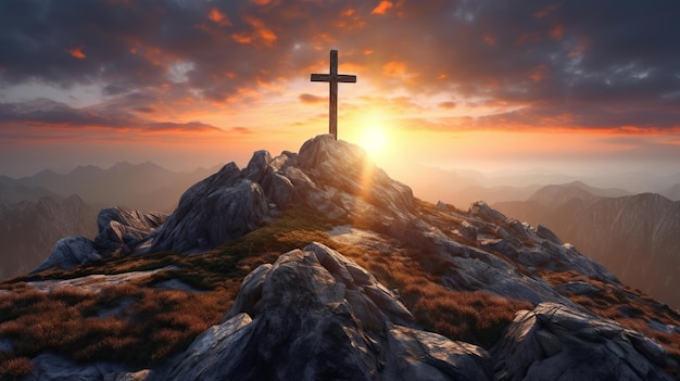Croix du sommet de la montagne sur le pic alpin au coucher du soleil Generative ai