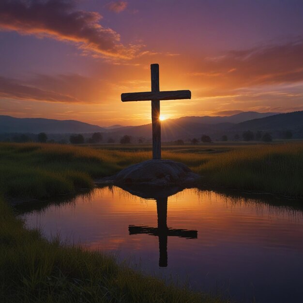 une croix est au milieu d'un champ avec le soleil qui se couche derrière elle