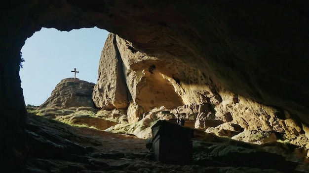 une croix est au milieu d'une grotte avec une croix en arrière-plan