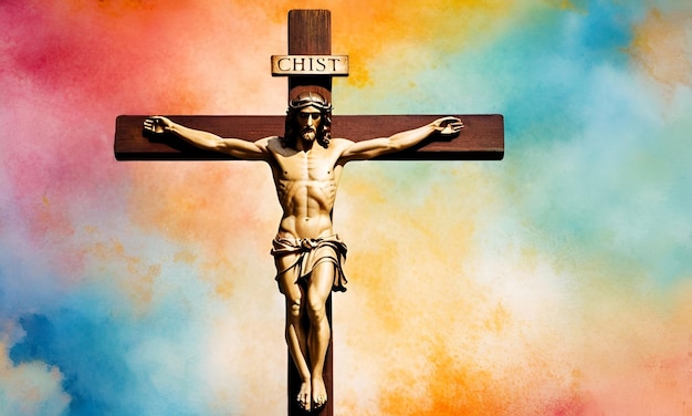 Croix de Jésus-Christ sur une illustration d'arrière-plan en aquarelle colorée