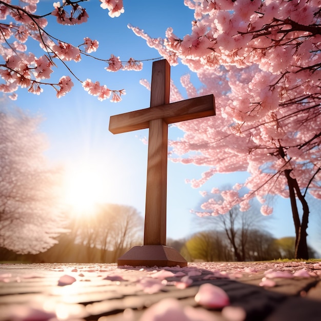 Une croix un jour de printemps quand les cerisiers sont en pleine floraison