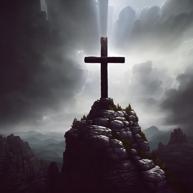 Une croix sur une montagne avec une lumière qui la traverse