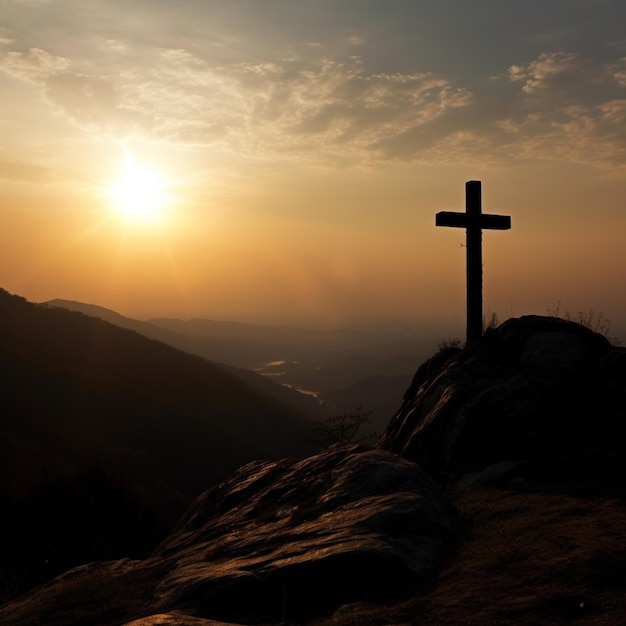 Une croix sur une montagne avec le soleil couchant derrière elle