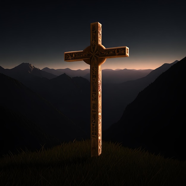 Une croix avec le mot Jésus dessus au milieu d'une montagne