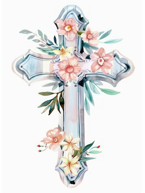 Croix de Pâques avec aquarelle florale Art génératif AI