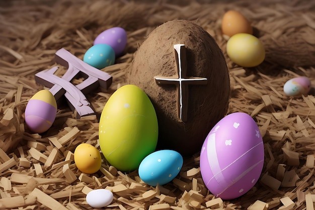 Croix de Pâques avec œuf de Pâque avec le message Il est ressuscité