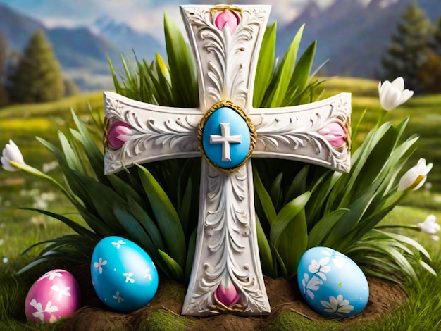 Photo croix de pâques avec œuf de pâques avec le message il est ressuscité