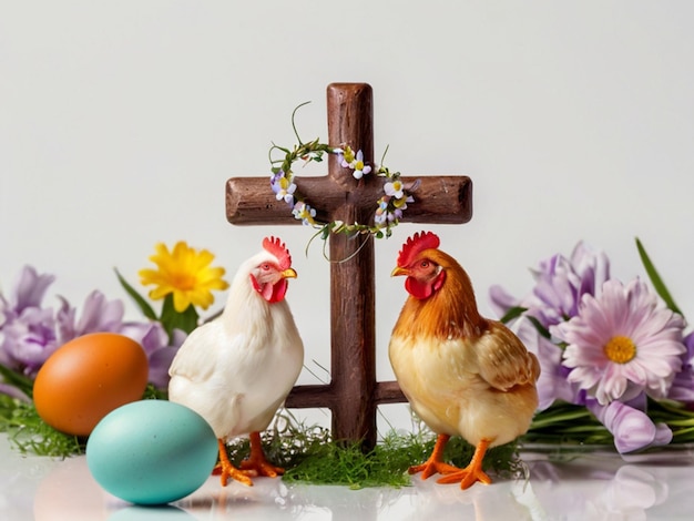 Croix de Pâques avec des poulets, des œufs et des fleurs sur fond blanc