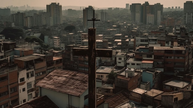 Une croix sur un poteau devant un paysage urbain