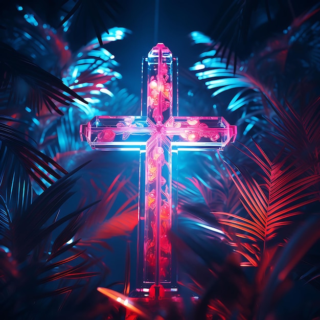 Croix sacrée en acrylique élégante et décoration de feuilles de palmier au néon M Cross Dimanche des Rameaux Photo Art chrétien