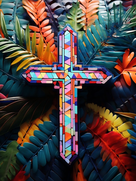 Croix sacrée en mosaïque éclectique et feuilles de palmier perlées Decorati Cross Dimanche des Rameaux Photo Art chrétien