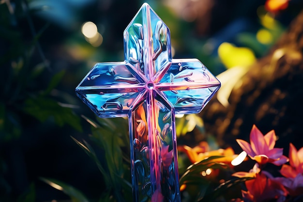 Croix sacrée en verre soufflé remplie de sculptures en feuilles de palmier et photo du dimanche des Rameaux, art chrétien